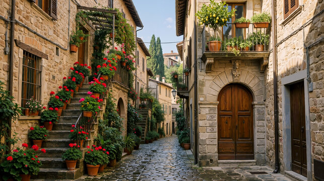 Charming Old European Street with Stone Buildings, Arched Wooden Doors, and Vibrant Red Flowers in Terracotta Pots Decorating Stone Stairs and Balconies in Italy or Tuscany