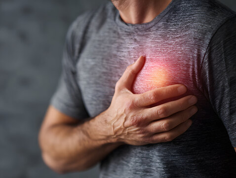Man touching chest with subtle glow early discomfort, chest pain concept showing hand on sternum with red highlight indicating heartache or angina