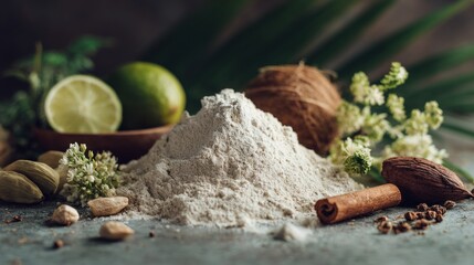 Fototapeta premium Close up of flour mound with fresh lime coconut and various spices