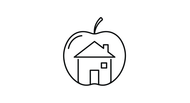 House inside an apple outline, symbol of home, healthy living, organic food, and real estate.
