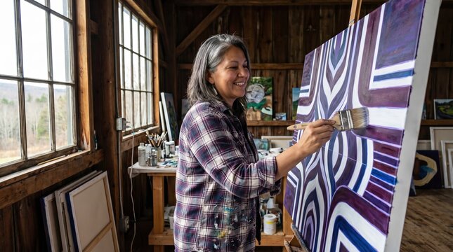 Smiling Indigenous Woman Artist Painting Large Geometric Canvas in Rustic Wooden Studio
