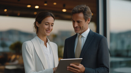 Obraz premium Corporate governance technology specialist demonstrates board portal navigation to attentive director, tablet screen showing committee assignment matrix, glass-walled meeting room with city rooftop 