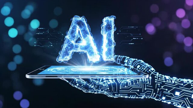 Futuristic robotic hand holding tablet displaying glowing AI letters with digital circuit patterns and colorful bokeh background creating a high-tech atmosphere