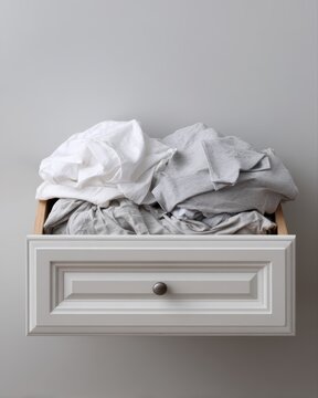 Overfilled wardrobe drawer with wrinkled clothes, messy lifestyle scene, home organization problem concept