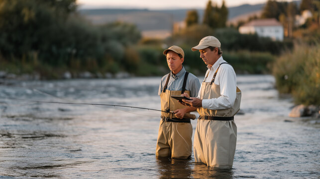 Environmental attorney films a factory drainage pipe discharging into a protected river at golden hour, standing knee-deep in the waterway with a field legal assistant who logs GPS coordinates into 