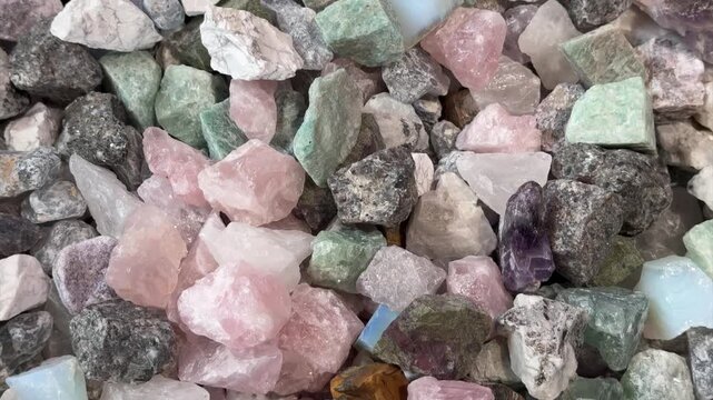 Colorful raw crystal and mineral stones collection including rose quartz, amazonite, amethyst, and tiger's eye displayed in Suzhou, China.