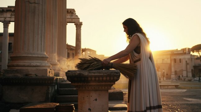 Roman priestess in white robes offers wheat sheaves at stone altar during dawn festival. Woman performs ancient ritual at sunrise near temple ruins. Sunlight illuminates grain offering for fertility.