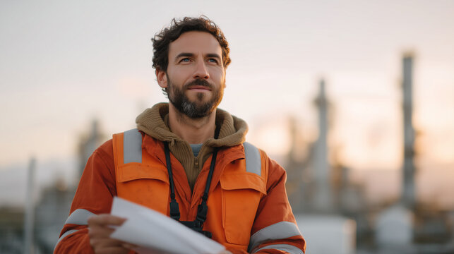 Environmental compliance attorney photographs posted permit notices at a chemical plant entrance at golden hour, facility manager standing stiffly nearby while the attorney's investigator bags origi