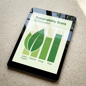 A tablet displays a sustainability report with charts and a green leaf icon on a textured surface.
