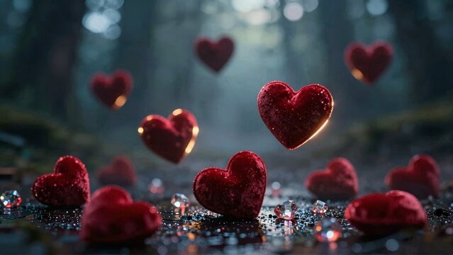 Floating Red Velvet Hearts and Sparkling Crystals in Dark Forest