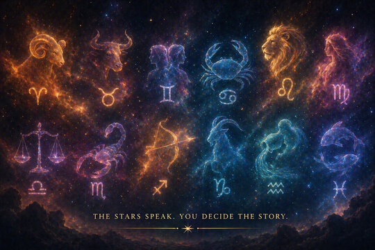 It depicts the twelve zodiac constellations against a cosmic background, with an accompanying text suggesting destiny is determined by astrological signs.