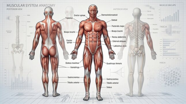Anatomical illustration of human muscular system.