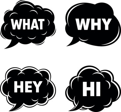 Four black speech bubbles with common interrogative and greeting words inside