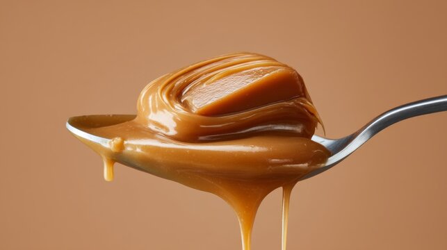 Glossy caramel sauce swirled on a silver spoon against a warm brown background for delicious dessert and cooking inspirations