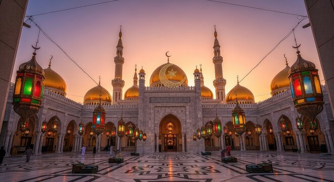 Beautiful mosque with golden domes at sunset.