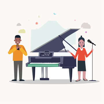 Musicians performing with piano and microphone