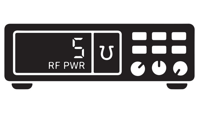 Ham radio transceiver vector icon, amateur radio station equipment with RF PWR display, black silhouette of shortwave radio receiver for telecommunication