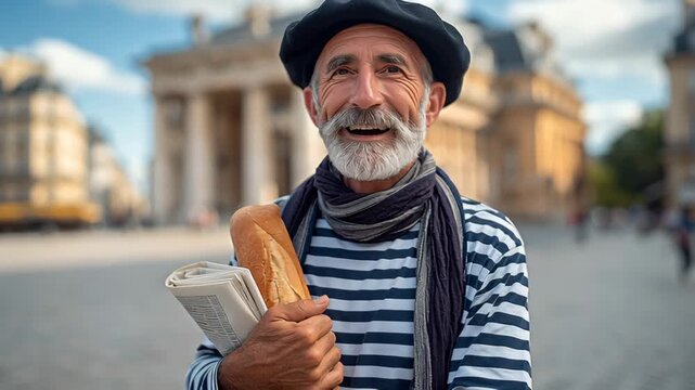 Elderly Caucasian man with a beard wearing a striped shirt and beret holds a baguette and newspaper while smiling in a city square with historical buildings in the background