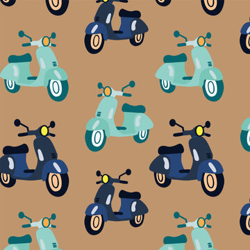 seamless pattern with toys and scooter. Vector pattern for a print with bright mopeds of different colors on a beige background.