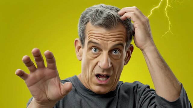 Male with gray hair expresses surprise and concern while scratching head, with a bright yellow background and lightning effects enhancing the dramatic scene