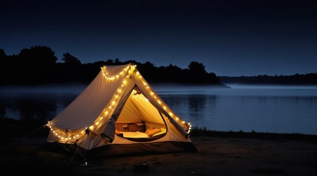 Illuminated tent near calm river at night. Fairy lights adorn campsite under starry sky. Foggy shore and dark trees create serene wilderness atmosphere, perfect for travel escape.