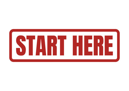 Professional red stamp graphic with the words start here for instruction guides and user onboarding materials