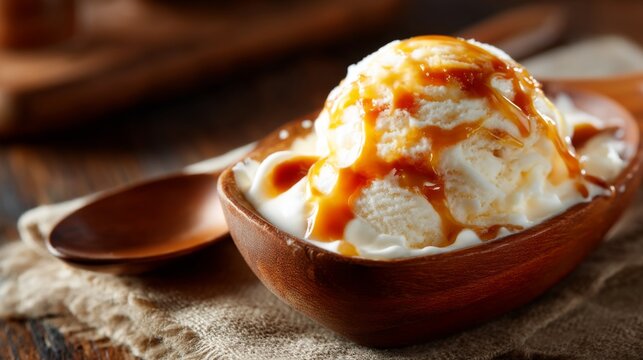 Creamy vanilla ice cream scoop drizzled with caramel sauce served in a rustic wooden bowl on a textured cloth napkin in warm natural light