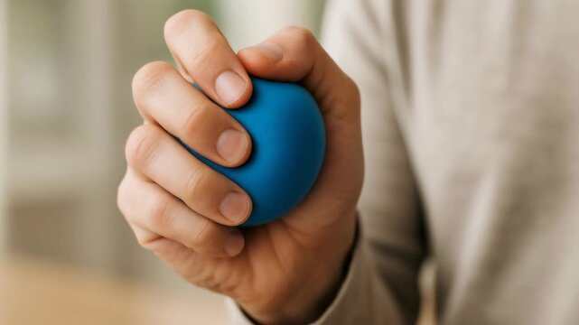 Close up view of a man's hand powerfully squeezing a blue anti stress ball for physical therapy, forearm exercise, or managing anxiety during a work break in the office or at home