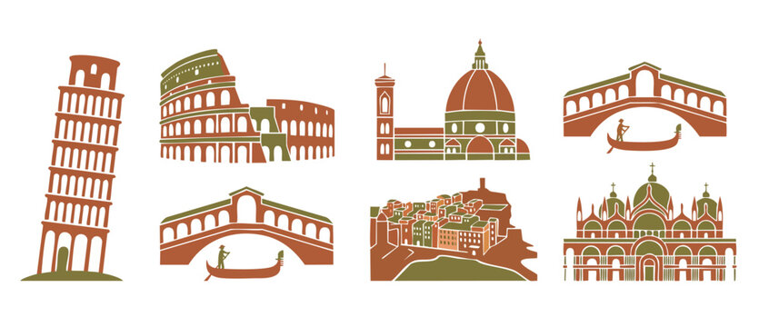 Italy Landmarks Icons Set Vector Illustration, Famous Italian Architecture Collection with Leaning Tower Colosseum Venice Gondola Florence Cathedral and Coastal Village Skyline Graphics for Travel Des
