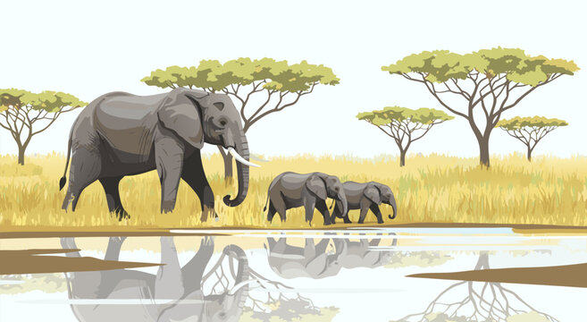 A captivating vector illustration showcasing a herd of elephants peacefully walking near a reflective watering hole surrounded by African savanna vegetation and trees, a0