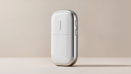 Sleek white gadget with silver trim. ​Minimalist portable device in neutral tones. ​Modern ergonomic hardware with side buttons. ​Clean aesthetic for contemporary personal tech. ​High-end electronic  © Creative 