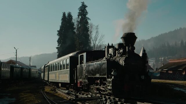 Mocanita steam train waits at the station in Bucovina, Romania. Smoke rises from the engine as it prepares for its journey through the countryside.