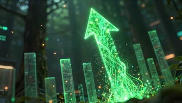 Green Growth Arrow and Digital Data Bars in Futuristic Forest