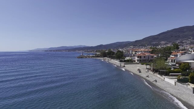 Aerial Drone View of Altinoluk Coast in Balikesir, Aegean Sea and Kaz Mountains Landscape Turkey