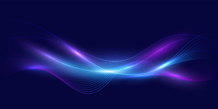 Abstract glowing wave lines with neon gradient colors on dark background. Futuristic digital energy flow, smooth light curves, modern technology background in vector style.