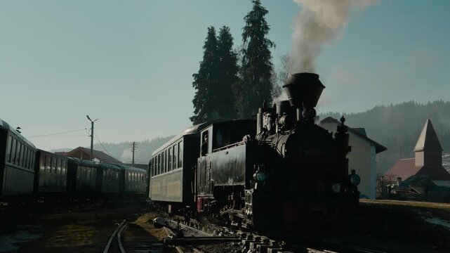 The Mocanita steam train stands at the station in Bucovina, Romania. Smoke rises from the chimney as the sun shines on the old train and surrounding area.