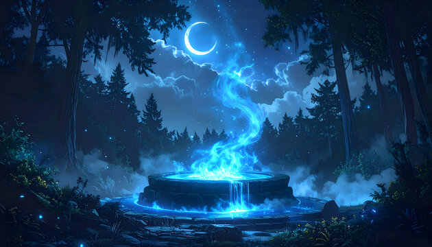 Mystical Blue Fire Cauldron in Enchanted Forest Under Crescent Moon.