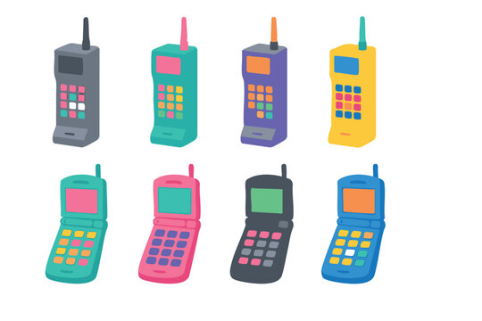 Retro mobile phones collection with vintage brick and flip cellphones illustration set