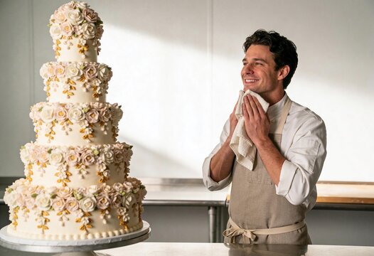 Male pastry chef smiling and wiping face while looking at a large five-tier wedding cake in a professional kitchen, celebration and achievement for bakery business