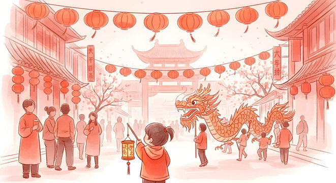 Child holding dragon dance prop outdoors.