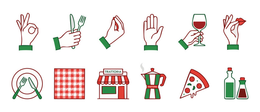 Italian Restaurant Icons Set, Hand Gestures and Traditional Food Symbols for Trattoria Menu Design, Minimalist Flat Line Style Vector Graphics for Culinary Branding, Pizza Coffee Wine and Table Settin
