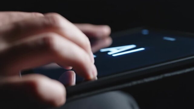 Close-up of a hand interacting with a tablet screen, showcasing finger movements as letters appear on the display in a dark environment with soft lighting
