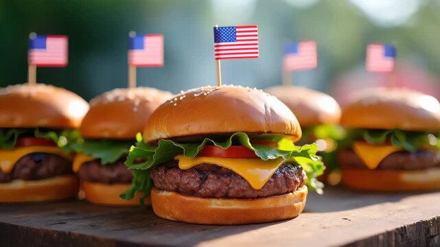Juicy beef burgers stacked with red white blue flag picks, cheese melting slowly, festive bokeh backyard grill background