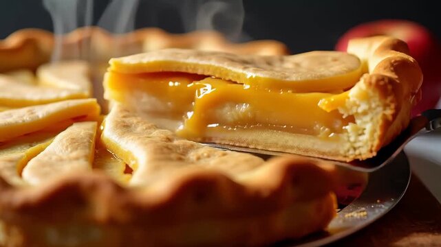Classic American apple pie being sliced revealing golden crust layers, steam escaping, patriotic table bokeh, macro cinematic Independence Day food 