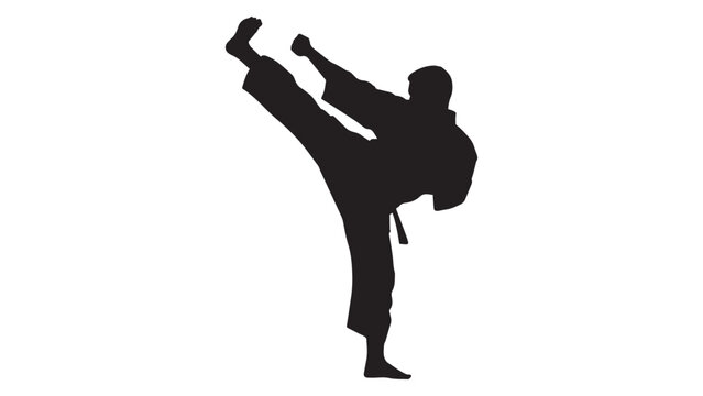 Powerful silhouette of a martial arts fighter performing a high kick for karate, taekwondo, and self-defense training