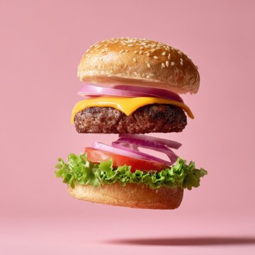 Surreal floating burger with ingredients separated in air, food art