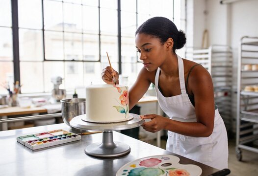 Young Black woman pastry chef painting a floral design on a white cake in a professional bakery kitchen, creative food decoration and small business entrepreneurship