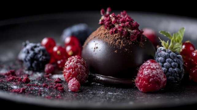 Elegant chocolate dessert with fresh berries presenting a rich and decadent delight on a textured black plate, garnished with dried raspberry pieces