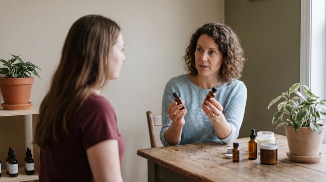 Woman Conducting Aromatherapy or Herbal Medicine Consultation in a cozy home setting