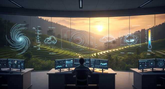 A scientist monitors weather patterns on computer screens in a futuristic control room overlooking lush terraced fields.